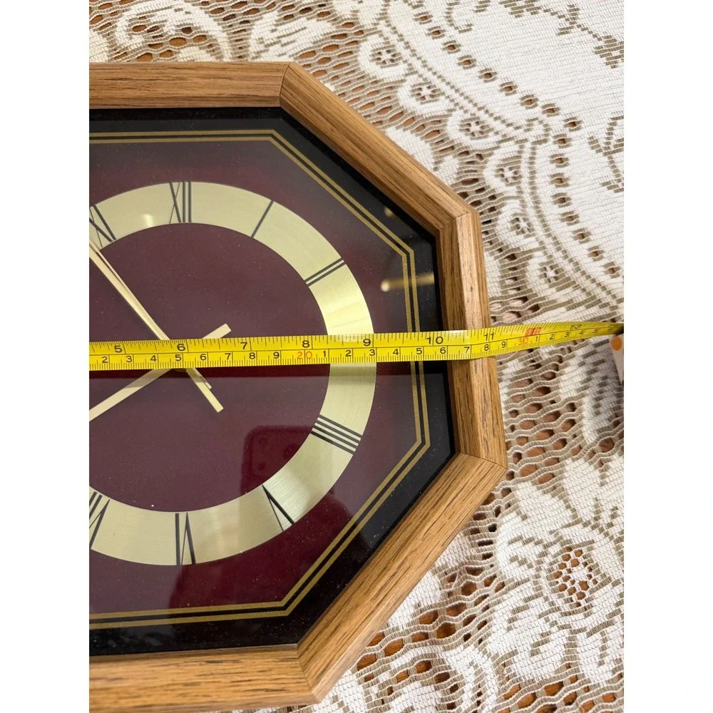 Vintage Octagonal Oak Wood Wall Clock Burgundy Gold Roman Numeral Quartz 11.5in